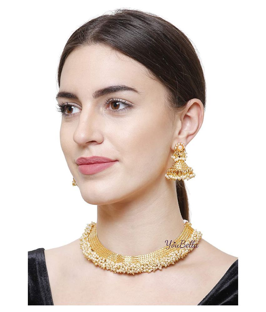     			YouBella Jewellery Exclusive Gold Plated Pearl Studded Traditional Temple Necklace Set for Women/Jewellery Set with Earrings for Girls and Women