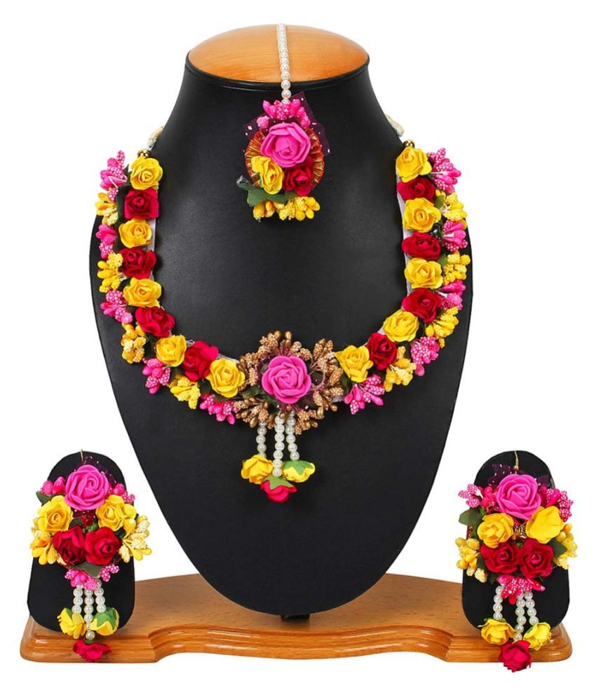     			YouBella Jewellery Set for Women Floret Gota Patti Necklace, Earrings & Maang Tika for Women & Girls (Mehandi/Haldi)