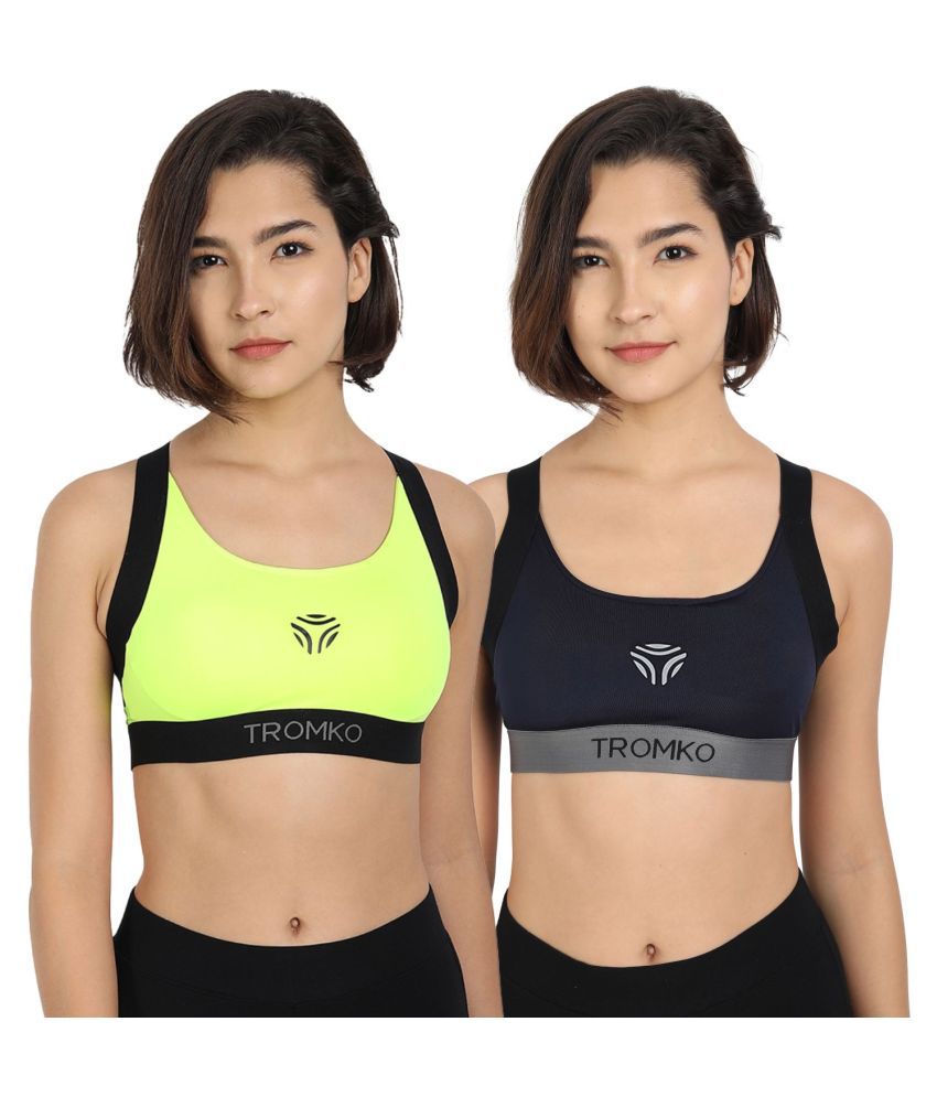Tromko Blue,Neon Green Poly Spandex Solid Sports Bra - Pack of 2