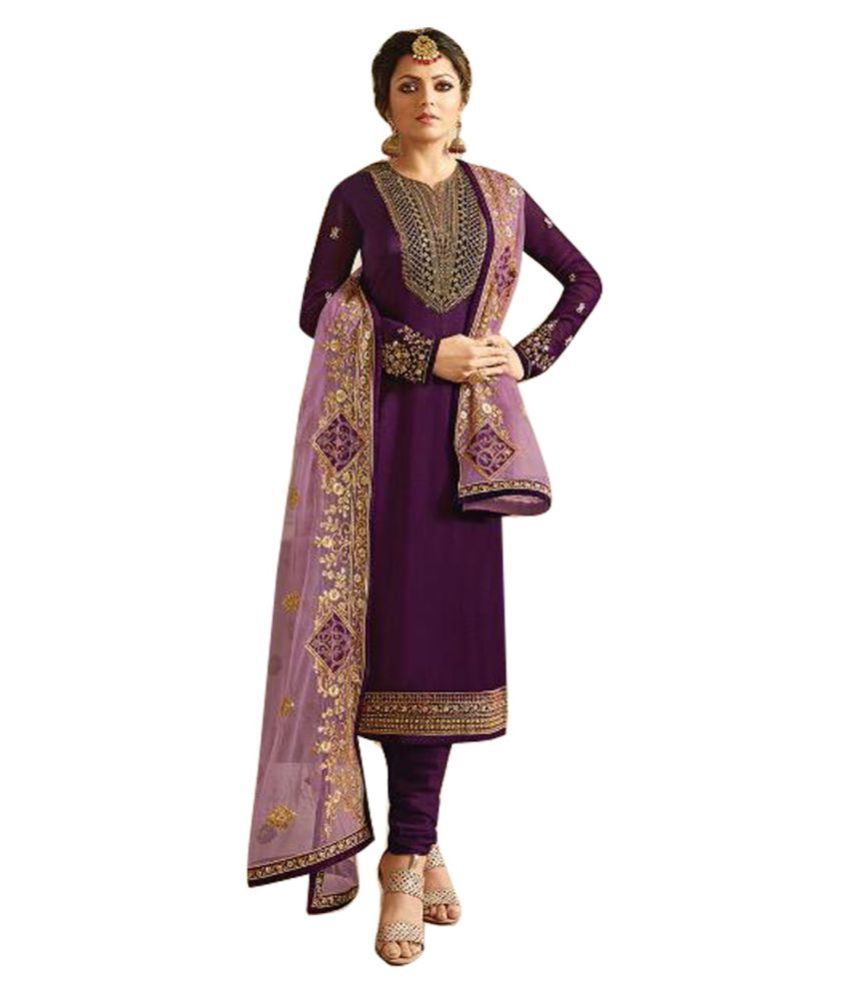 Rekha Fashion Hub Purple Georgette Straight Semi-Stitched Suit - Single