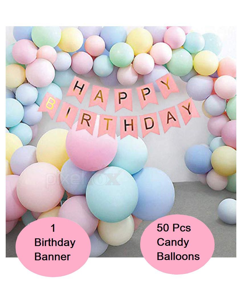     			Kiran Enterprises Happy Birthday Banner (Pink) + Multi Candy Balloons (Pack of 50)