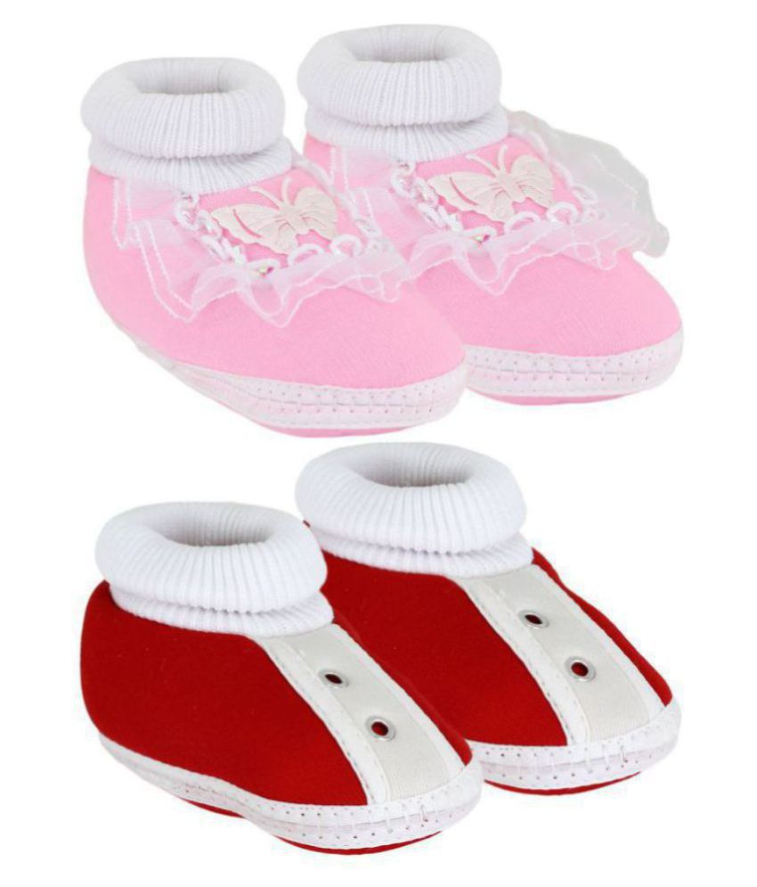 Neska Moda Pack Of 2 Baby Boys & Girls Pink And Red Cotton Booties For  0 To 12 Months
