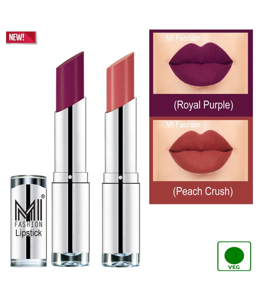     			MI FASHION 100% Veg Soft Matte Long Stay Lipstick Peach Crush Purple Pack of 2 7 g