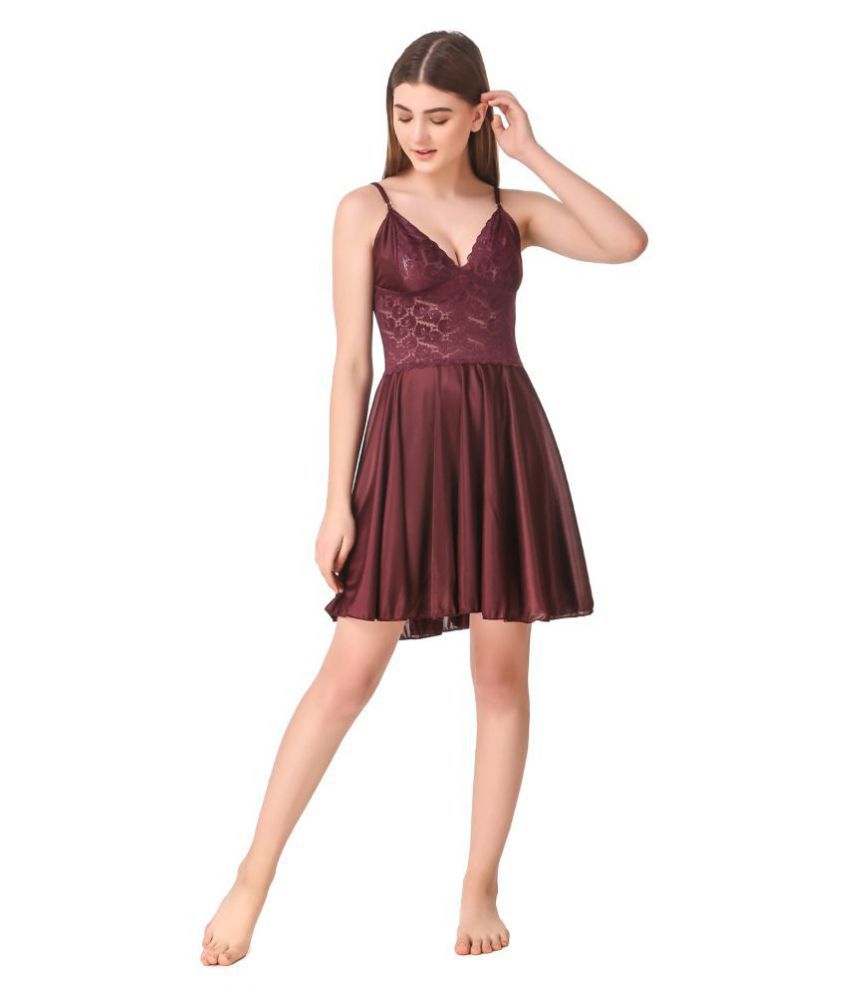     			Reposey Satin Baby Doll Dresses With Panty - Brown Single