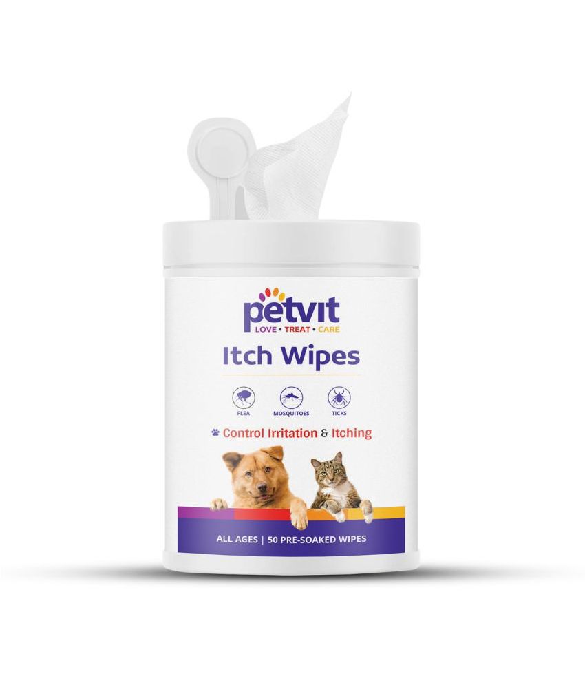 Petvit Itch Wipes for Relief Skin Irritations and Scratching |with Aloe Vera Gel & Neem Extract| | Paraben Free & pH-Balance -For All Breed Dog & Cat - 50 Wipes For All Age Group