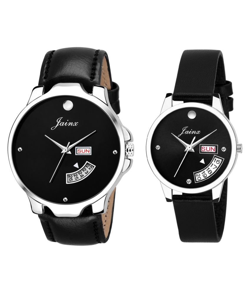    			Jainx Black Day and Date Functioning Dial Analogue Watch For Couples