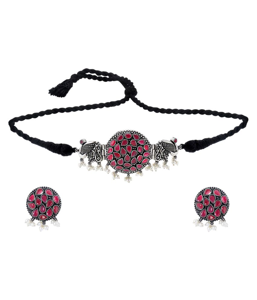     			PUJVI German Silver Maroon Contemporary/Fashion Necklaces Set Choker