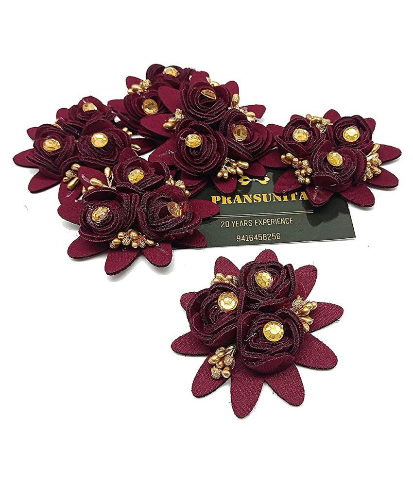    			PRANSUNITA Stem less Fabric 3 in 1 Rose Flower with Pollens, Handmade Decoration Flowers for Dresses, Fancy Gift & Wedding Packaging, Valentine, Radha Krishna & Baby Shower, Home Decoration Pack of 6 pcs Color- Wine