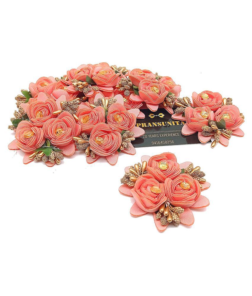     			PRANSUNITA Stem less Fabric 3 in 1 Rose Flower with Pollens, Handmade Decoration Flowers for Dresses, Fancy Gift & Wedding Packaging, Valentine, Radha Krishna & Baby Shower, Home Decoration Pack of 6 pcs Color- Peach