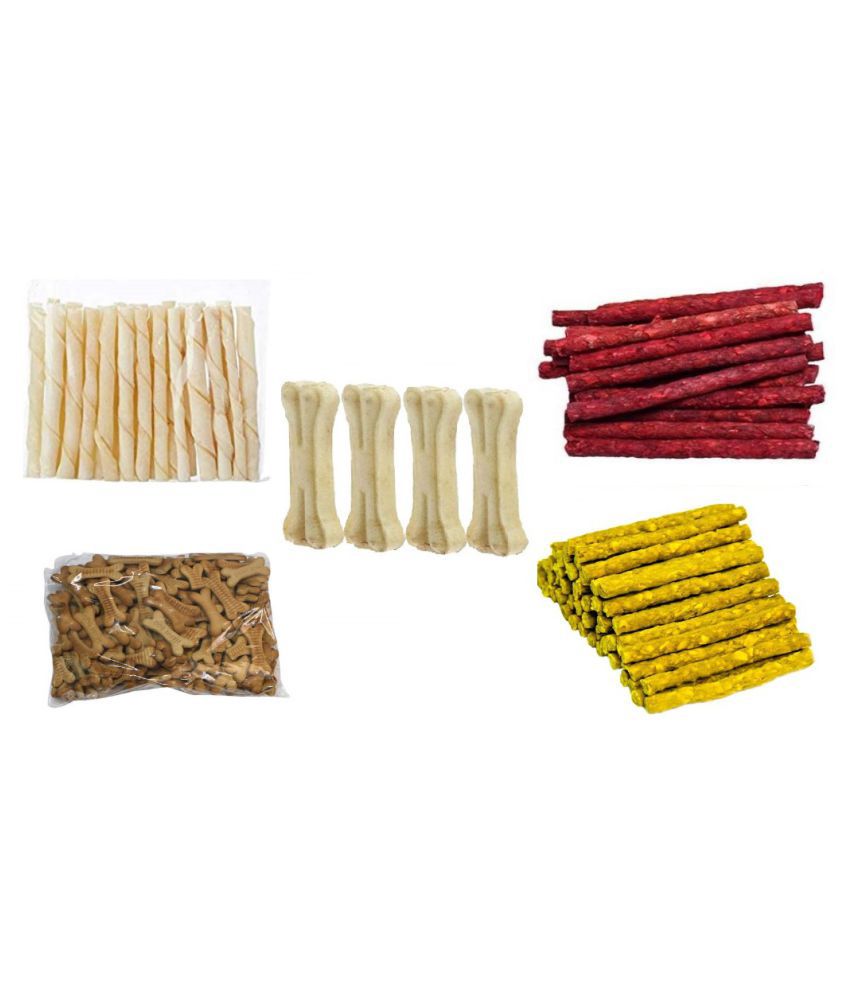     			Smart Doggie Combo Of Dog Chew Bones , White Sticks , Chicken Flavored Biscuit and Munchies (Chicken and Mutton) For Your Pet Dogs . (900 gram each)