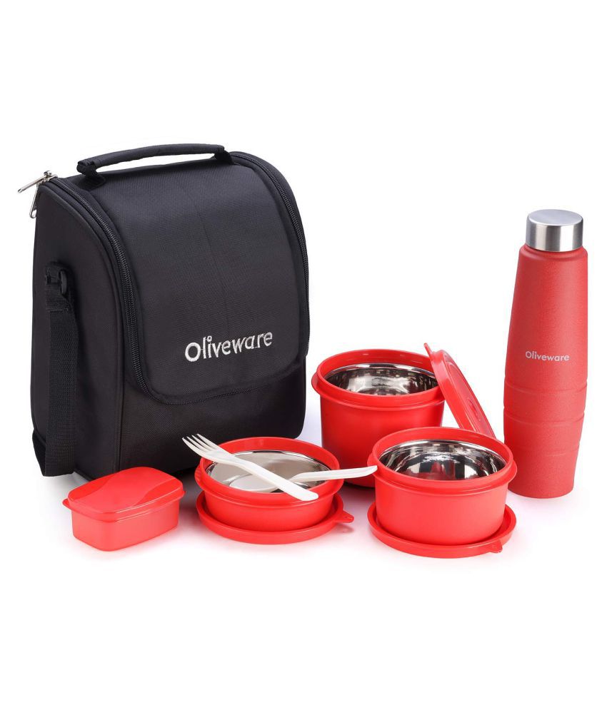 Oliveware Teso Lunch Box with Bottle 3 Stainless Steel Containers - Red