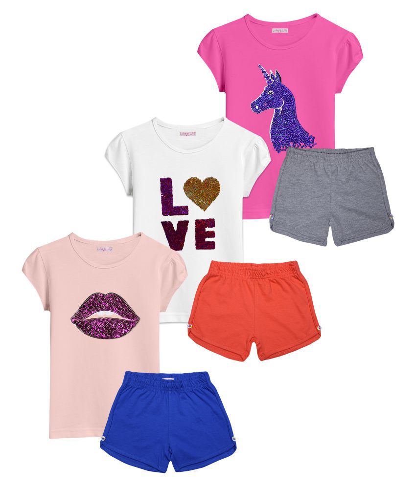     			Luke and Lilly Kids Girls Cotton  Sequined Tshirt and Plain Shorts pack of 3
