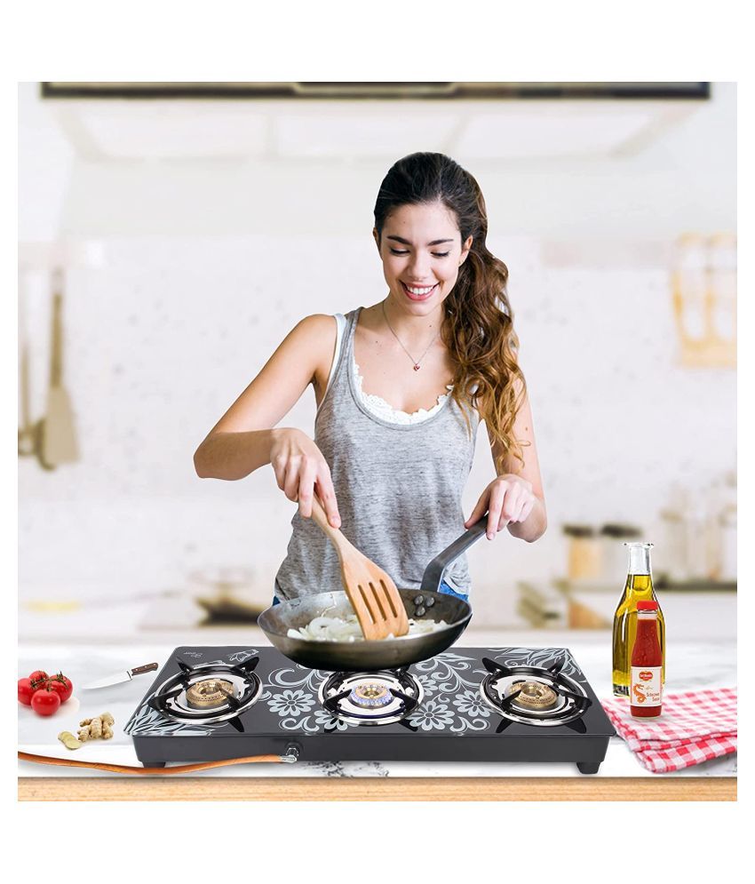 Khaitan 3 Burner Gas Stove BPJIO Digital Toughened Glass Top, manual Ignition LPG Gas Stove