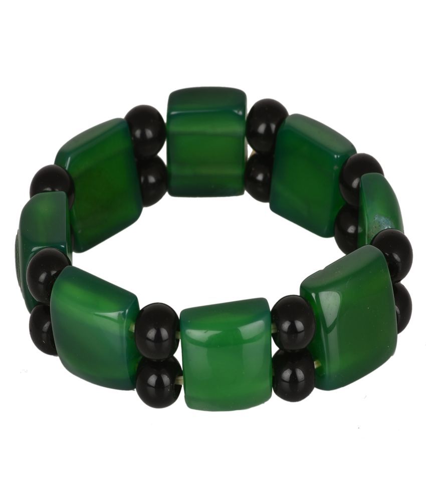     			KESAR ZEMS Natural Green Aventurine Color Crystal Bracelet Rectangle & Black Round Shape Stone With Smooth Stone Bracelet Stretchable Wrist Stylish Band For Unisex {10 x 2 x 1 CM} Green & Black.