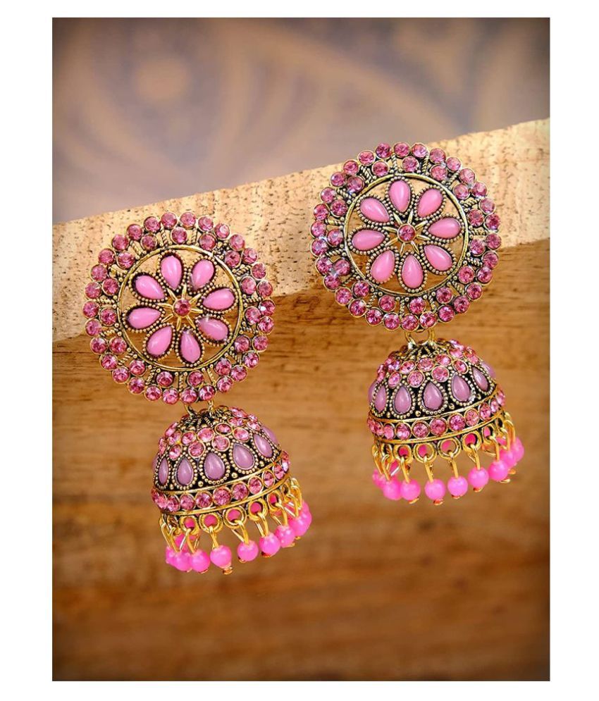 Happy Stoning Shimmering Ethnic Gold Plated Traditional Jhumka Earrings