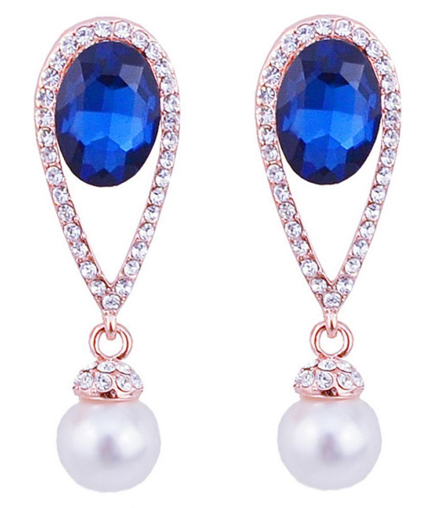 Nakabh Traditional South Indian Temple Jewellery Stylish Fancy Party Wear Wedding Bridal Blue Crystal Stone Rose Gold Plated White Pearl Ear Rings For Women Girls Latest Design Daily Use Drop Danglers Earring