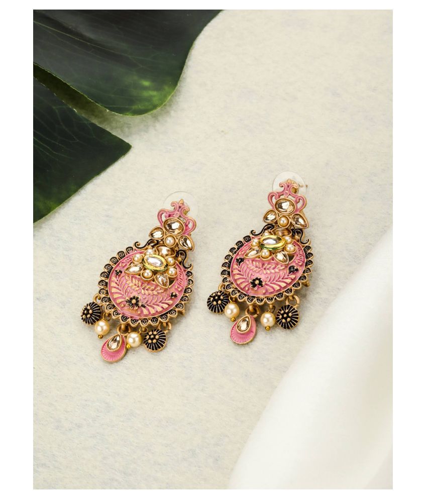     			Priyaasi Pink Kundan Beads Gold Plated Drop Earring