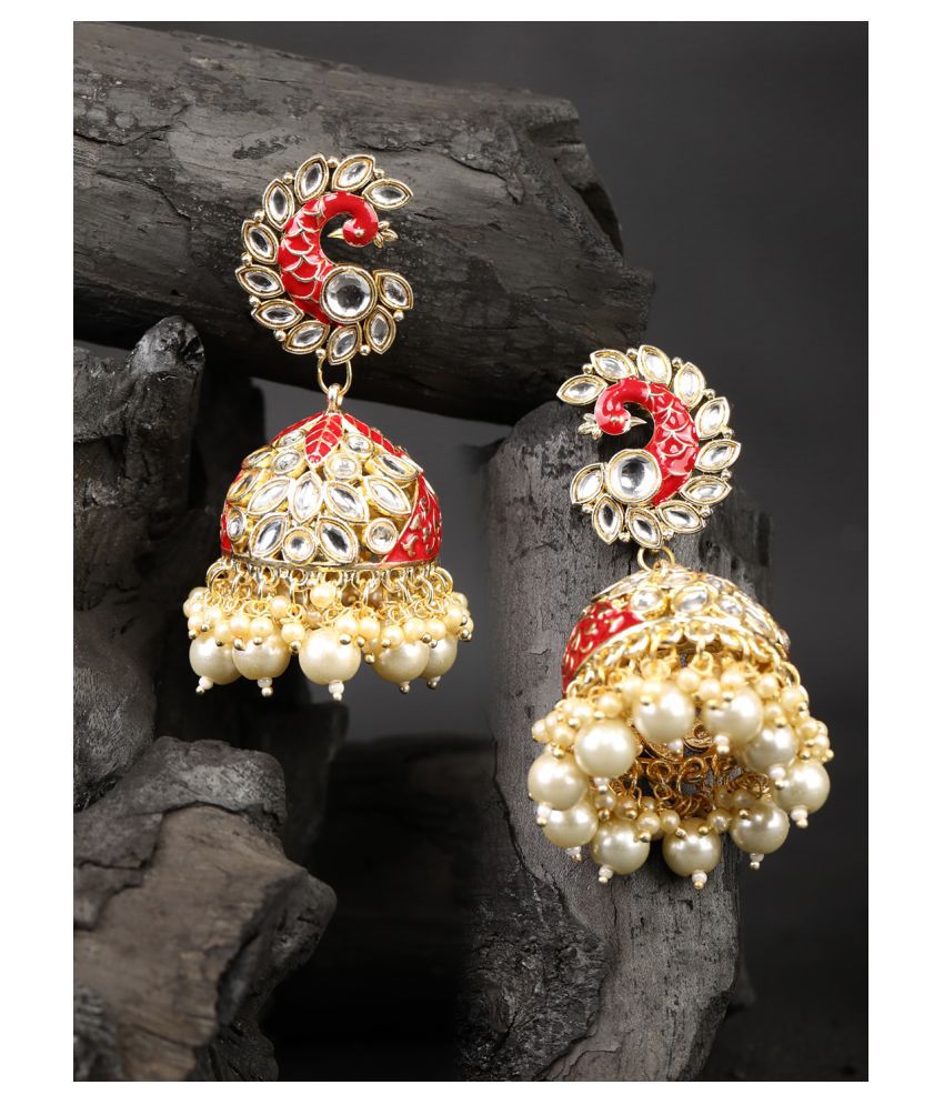     			Priyaasi Red Beads Pearls Stones Gold Plated Peacock Jhumka Earring