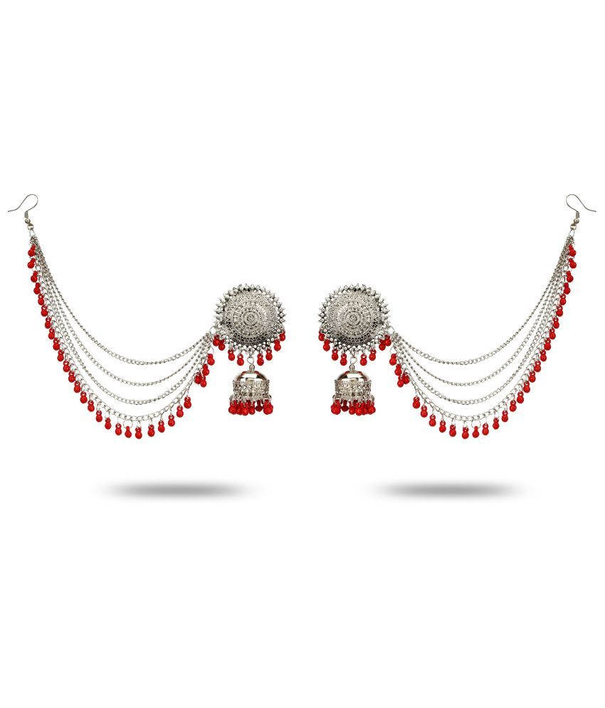     			YouBella Stylish Latest Design Combo Of Earrings And Maang Tikka Jewellery Silver Plated  Jhumki Earrings for Women (Red) (YBEAR_32663)