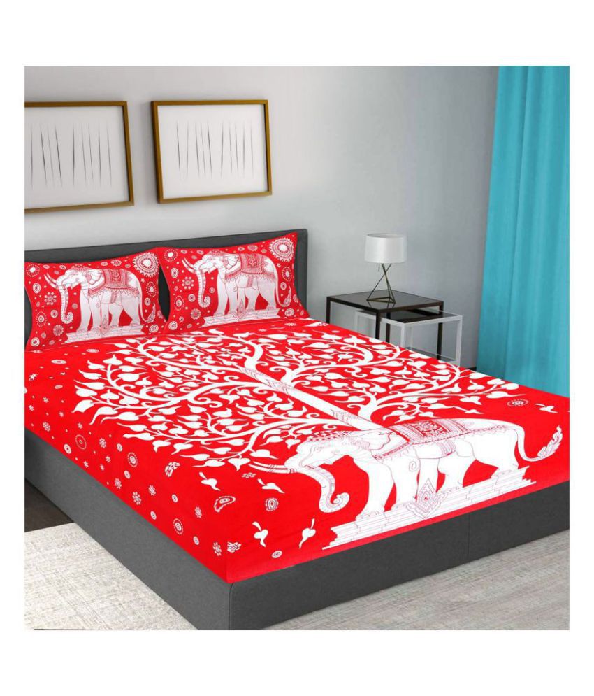     			FrionKandy Living Cotton Abstract Queen Bed Sheet with Two Pillow Covers-Red