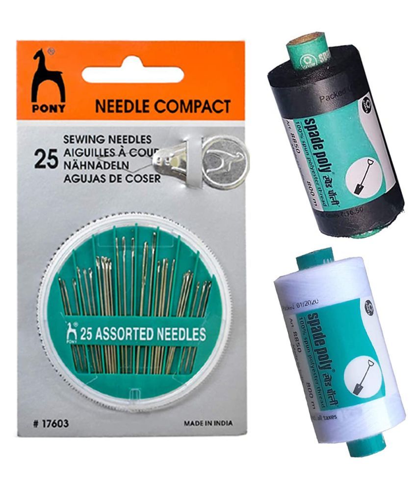     			Pony Hand Sewing Needles for Hemming, Beads Zardosi Embroidery & Jewelry Making- (Standard Size, Multicolour) + Spade Poly Polyester Thread 800mts/Spool, 1-1 Black & White