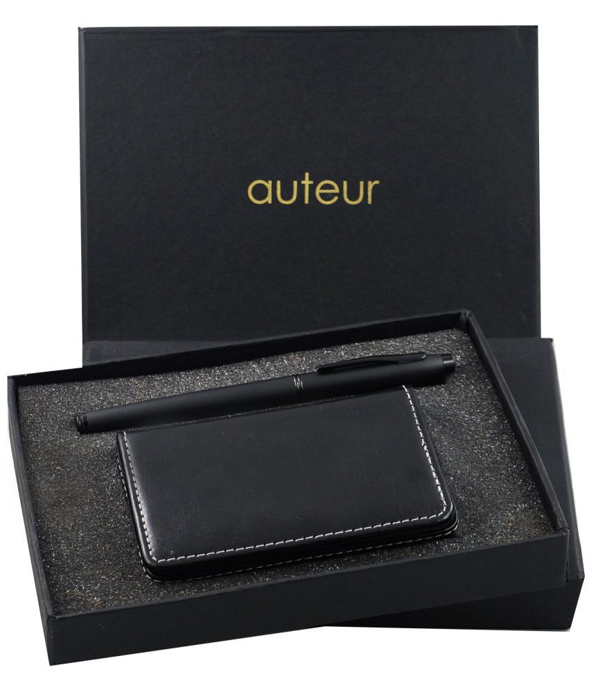     			auteur Gift Set,A Roller Ball Pen, A Premium RFID Safe Card Wallet, In Black Color Metal Pen & PU Leather Body ATM/Debit/Credit/Visiting Card Holder, Excellent Corporate Gift Set Packed in an Attractive Box.