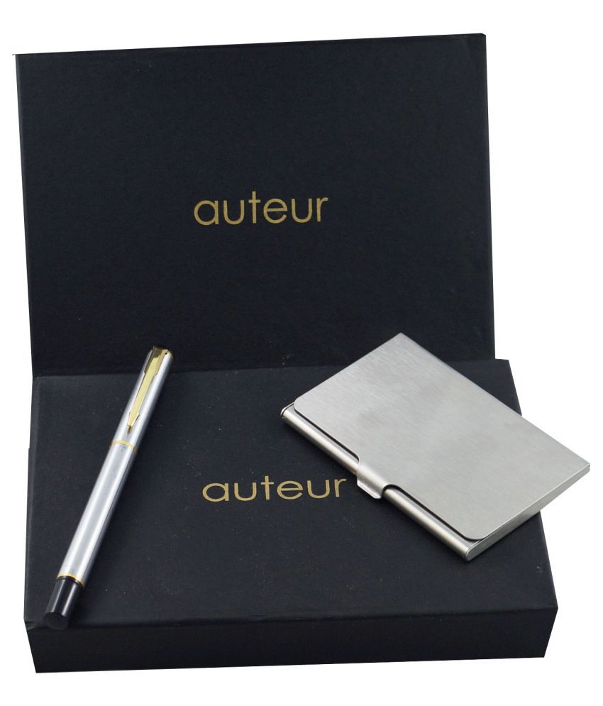     			auteur Gift Set,A Roller Ball Pen, A Premium RFID Safe Card Wallet, In Silver Color With Golden Arrow Clip Metal Pen & PU Leather Body ATM/Debit/Credit/Visiting Card Holder, Excellent Corporate Gift Set Packed in an Attractive Box.