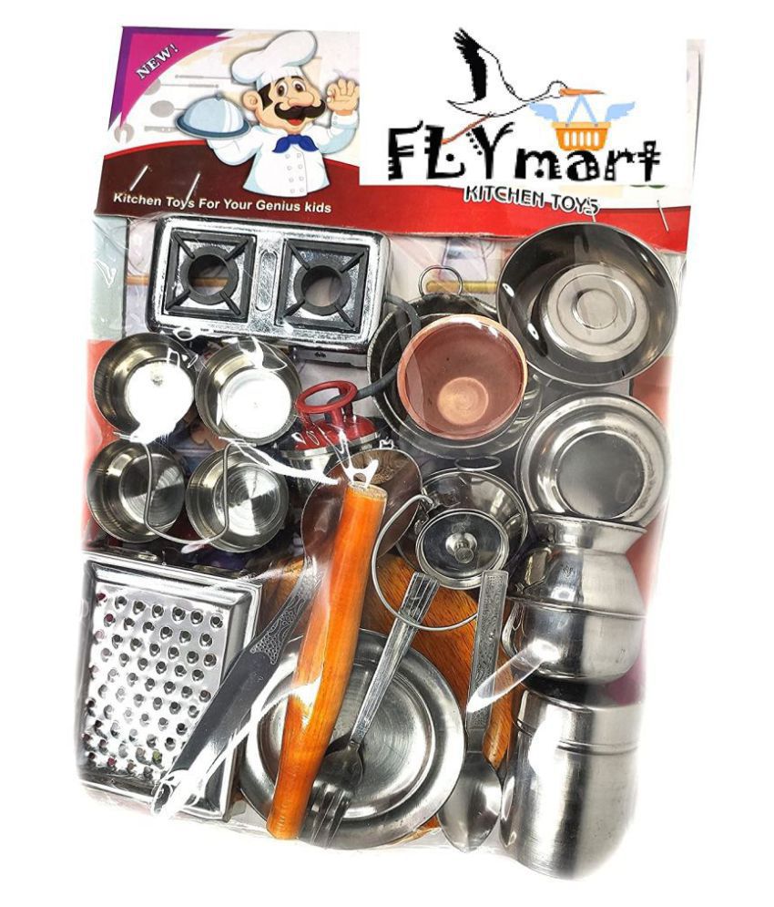 FLYmart Steel Kitchen Set No 25 Toys for Kids   Role Playing Kitchen Set in  Stainless Steel with Wooden Chakla Belan Set   Master Chef Role Playing ...