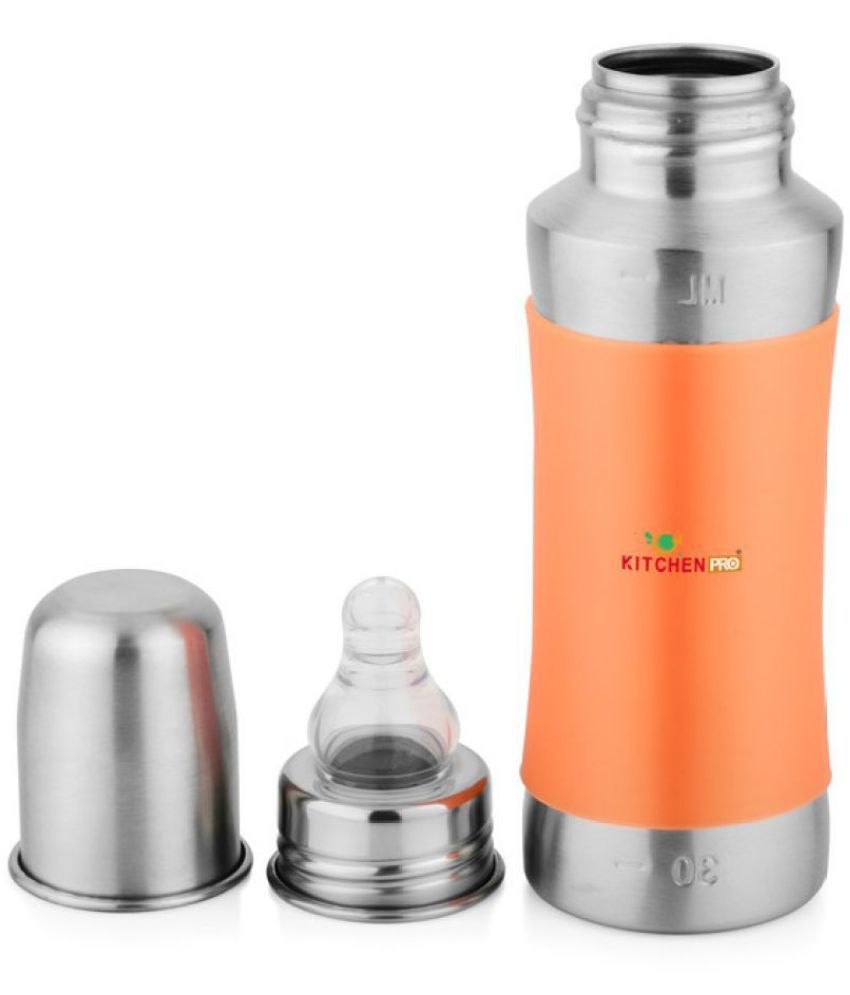 Kitchen Pro Stainless Steel Grade 304 Baby Feeding Bottle With Internal ML Marking, Orange Silicone Sleeve (240 ML)