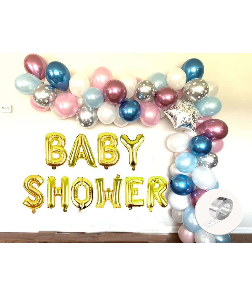     			Balloon Junction Themez Only Baby Shower Party Decoration Banner (GOLD) with Balloons (Metallic Blue / Pink / White & Chrome Blue / Pink & Silver Polka) - Total Pack of 70 pcs