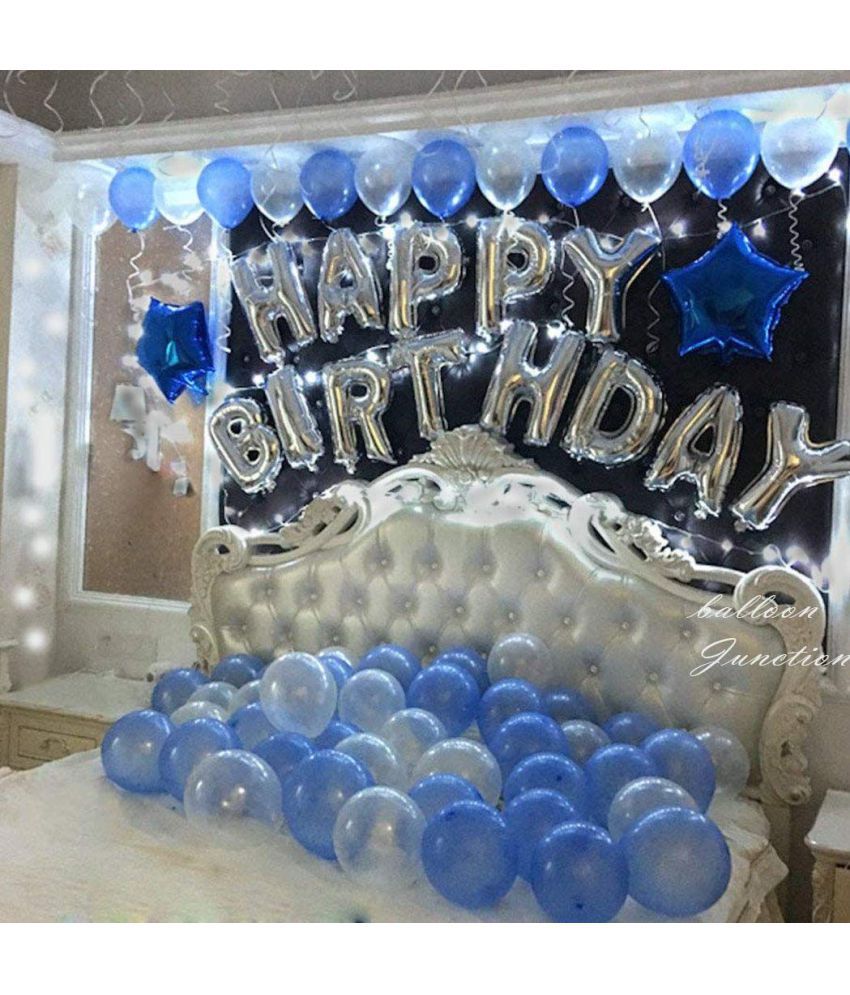     			Balloon Junction Themez Only Happy Birthday Letter Foil Balloon Set, 13 Letters Silver for 1st Boy/16th/40th/50th Birthday or Spouse (Blue and White)  - total pack of 45 pcs