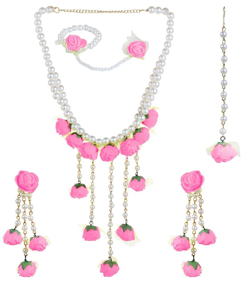     			YouBella Jewellery Set for Women Floret Gota Patti Necklace, Earrings, Bracelet & Maang Tika for Women & Girls (Mehandi/Haldi) (Pink)