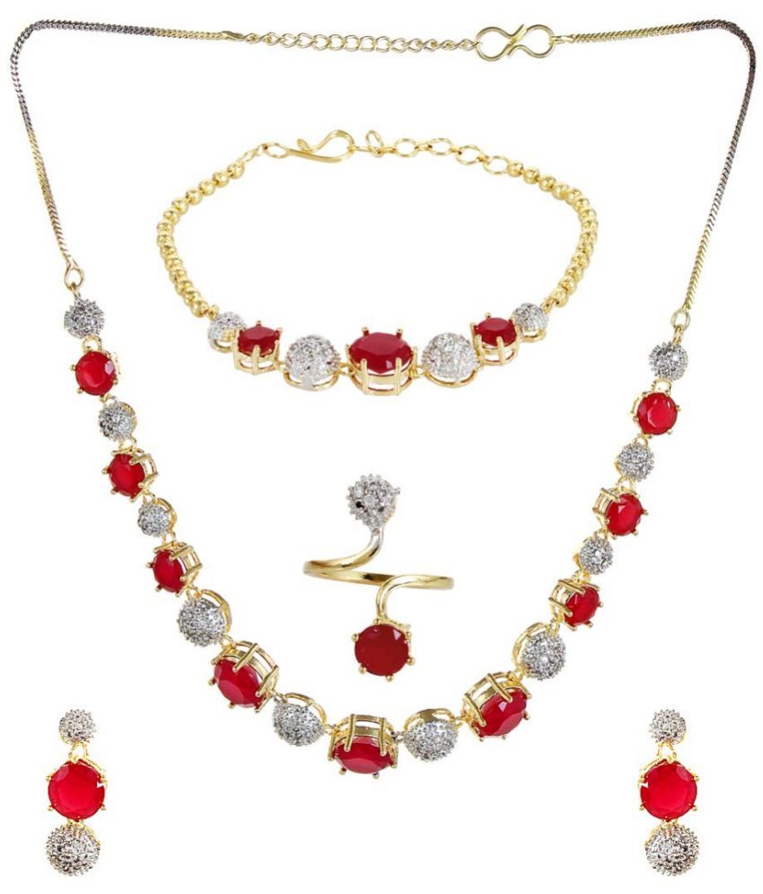     			YouBella Jewellery Set for Women American Diamond Combo of Necklace Set with Earrings, Bracelet and Ring for Girls and Women (Red)