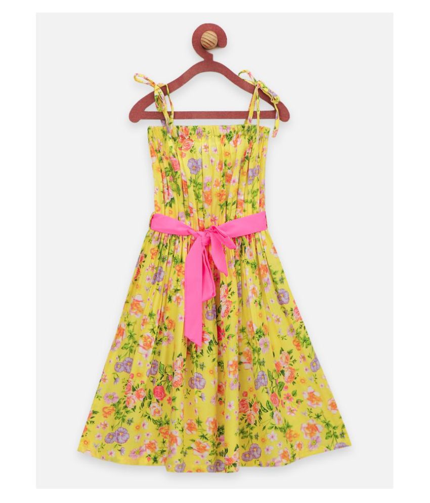 Yellow Flower Printed Sleevless Strappy Dress with Belt