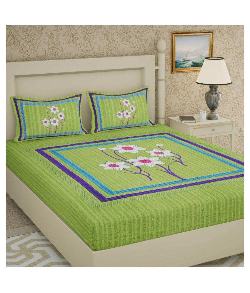     			Frionkandy Cotton Queen Bed Sheet with Two Pillow Covers - Green