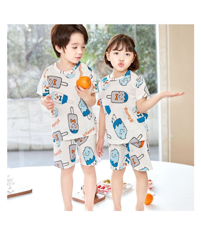 Hopscotch Boys Cotton Half Sleeves Animal Printed Top and Short Sleepwear Set in Aqua Color For Ages 9-10 Years (CPM-3453694)