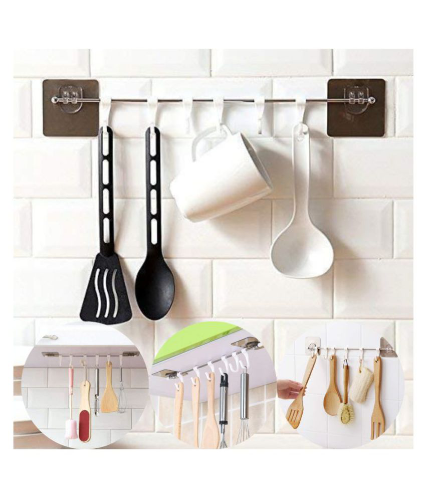     			Mr Bhoot Self Adhesive Kitchen Hanger Hook Rail With 6 Hook, Multipurpose Strong Sticky 10 Kg Capicity Wall Mounted Self Adhesive Kitchen Towel Hanger Hook,Steel Road And ABS Plastic 6 White Hooks