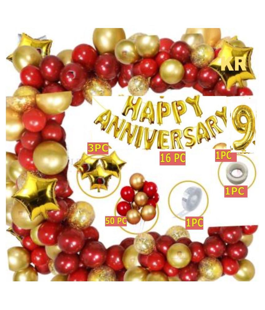     			KR Solid Red Gold Foil Boys Girls 9th Happy Anniversary Balloon Decoration Kit Combo (Pack of 76)