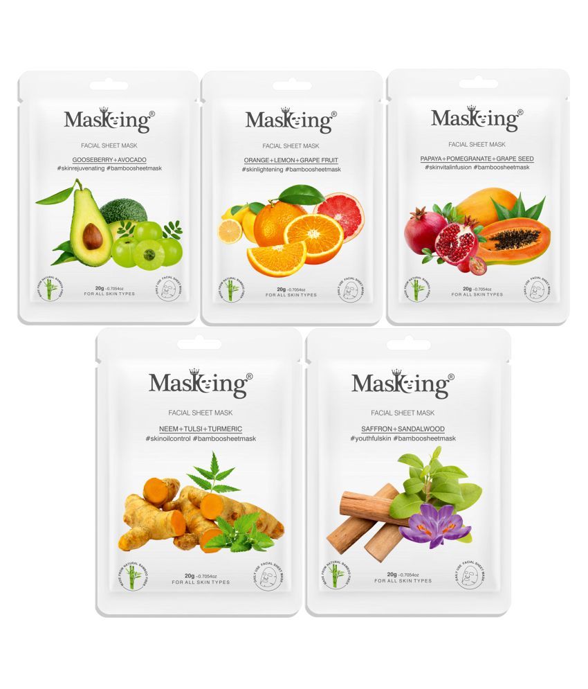     			Masking Bamboo Gooseberry Orange Papaya Neem Saffron Face Sheet Mask 100 ml Pack of 5