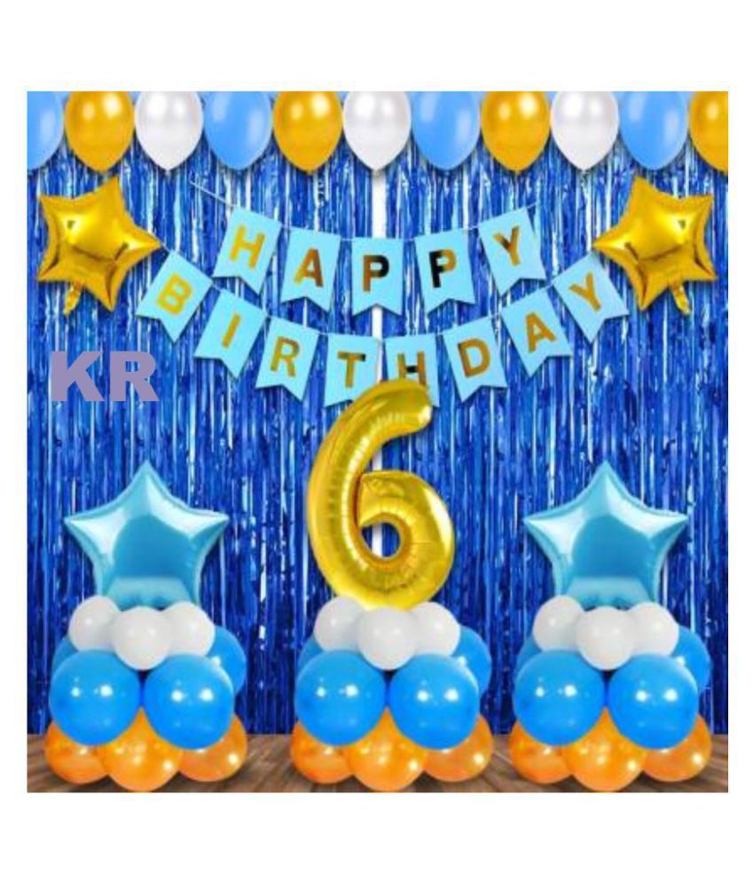     			KR   Happy Birthday Decoration Kit - 53Pcs Blue Theme 6th Birthday Decoration Combo for Boys With No.2 Golden Foil Balloon, Happy Birthday Cardstock Paper Banner, Metallic Balloons (Set of 53)