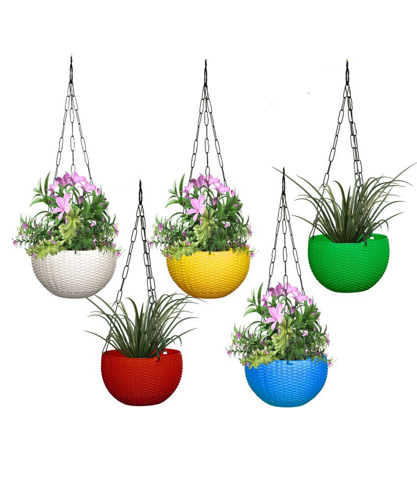 Homspurts Plastic Hanging Pot . ( Diameter 6.5 in, Height 4.5 in, Chain Length 13in -5 Pieces(Small, Assorted Colours)
