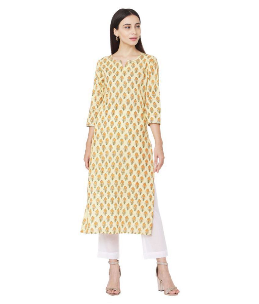     			SAANJH Yellow Cotton Straight Kurti -