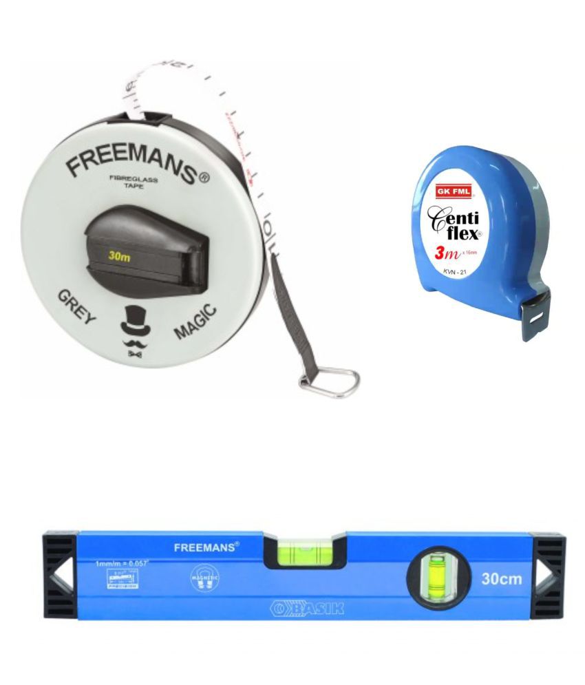 Freemans Grey Magic 30 Mtr Measuring Tape/Centi Flex 3 Mtr Measuring Tape/Freemans Spirt Level 30 cm.