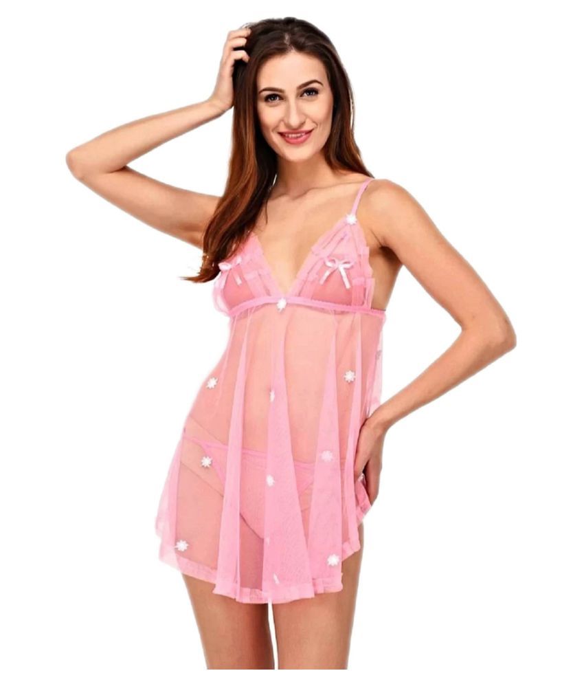     			CELOSIA Net Baby Doll Dresses With Panty - Pink Single