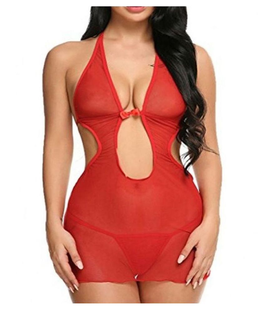     			CELOSIA Net Baby Doll Dresses With Panty - Red Single