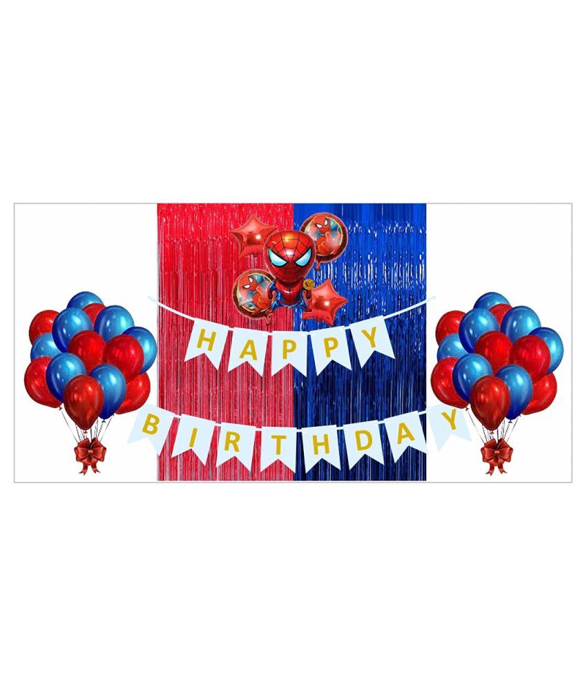 AX Spider Man Theme 39 pcs Birthday Decoration Combo- Happy Birthday Paper  Banner, Red and Blue Metallic Balloons, Red and Blue Foil Fringe Curtain, 5  pc - Buy AX Spider Man Theme