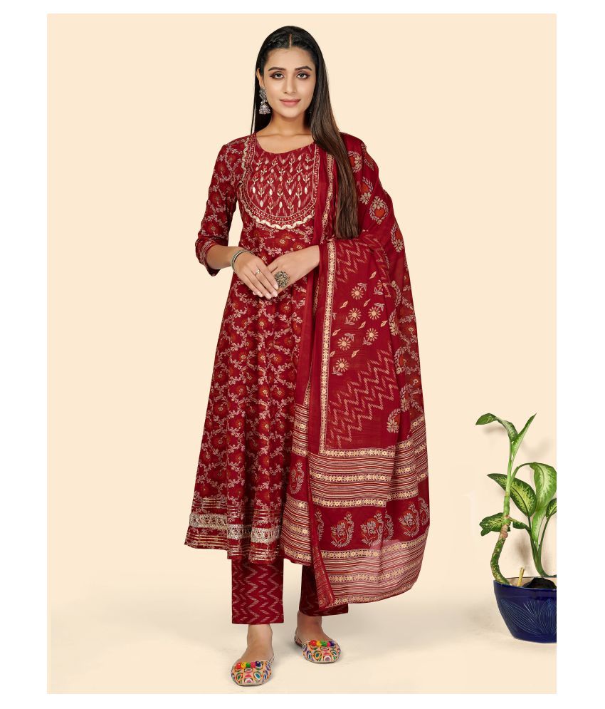     			Vbuyz - Red Anarkali Cotton Women's Stitched Salwar Suit ( Pack of 1 )