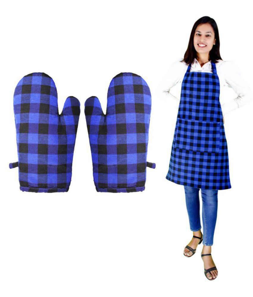 GLUN Waterproof Unisex Check Apron with Adjustable Neck Strap 2 Pockets & Pair Extra Padded Heat Resistance Oven Glove