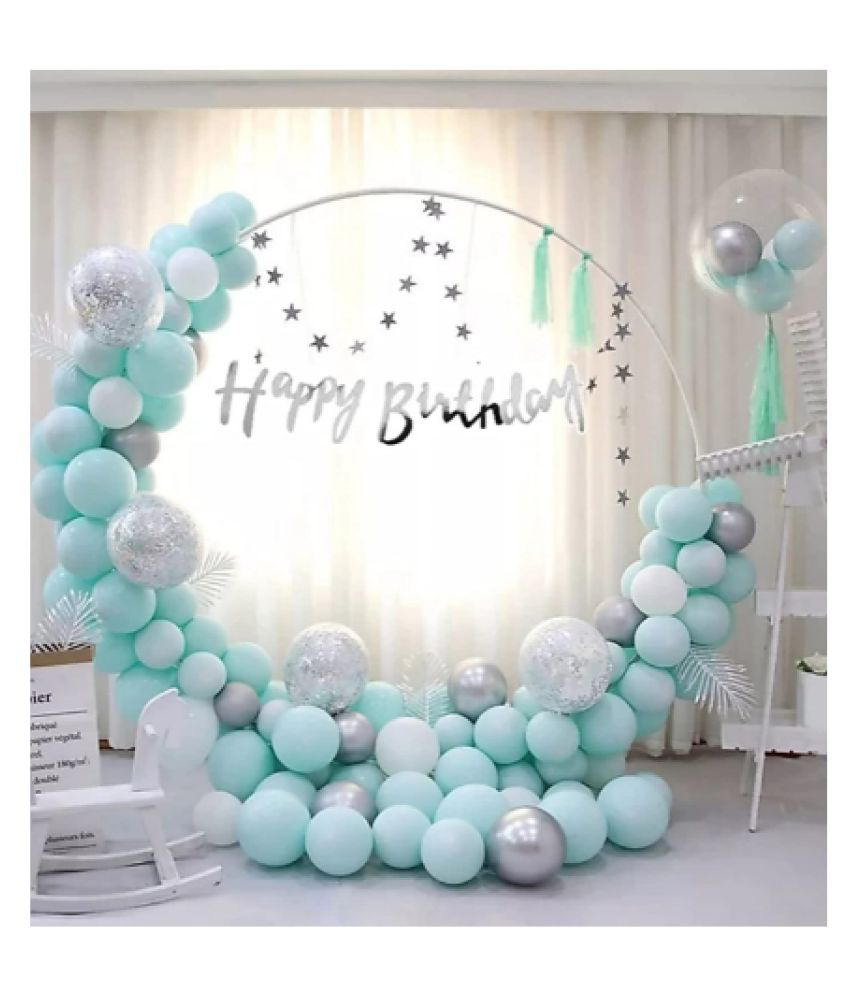     			Blooms Event   Happy Birthday Decoration Kit 55 Pcs Combo Pack - 1 Pc Happy Birthday Banner (silver Color) + 4 Pcs Silver Confetti Balloons + 10 Pcs Silver Chrome Balloons + 40 Pcs Blue Pastel Balloons
