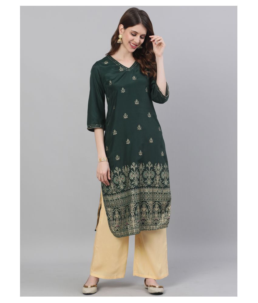 Jaipur Kurti Green Silk Straight Kurti -